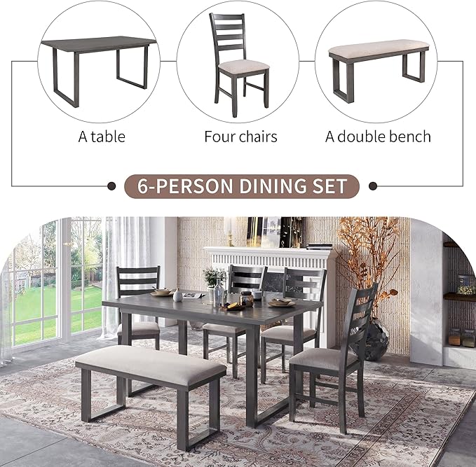 6 Pieces Simple Style Solid Wood Dining Room Set with Rectangular Table, 4 Upholstered Chairs and Bench, Stable Frame and a Long Lifespan, Family Furniture for Kitchen, Livingroom, Brown+Beige - LeafyLoom