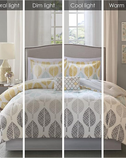 Madison Park Essentials Bed in a Bag Comforter, Vibrant Color Design All Season Down Alternative Cover with Complete Cotton Sheet Set, Cal King(104"x92"), Central Park, Leaf Yellow/Aqua - LeafyLoom