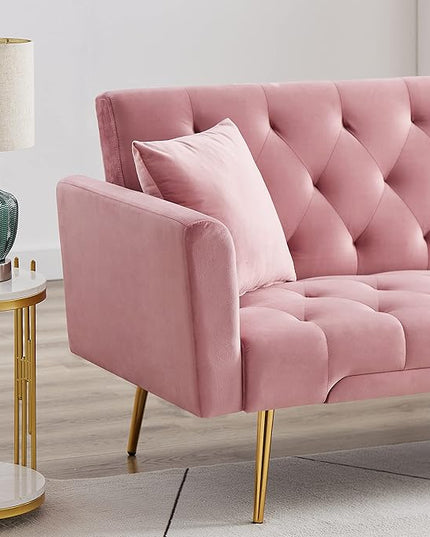 Convertible Folding Futon Sofa Bed Sleeper Lounge Couch,Small Velvet Upholstered Recliner Loveseat Daybed with Adjustable Backrest and Golden Metal Legs Space-Saving Sofabed for Living Room Office - LeafyLoom