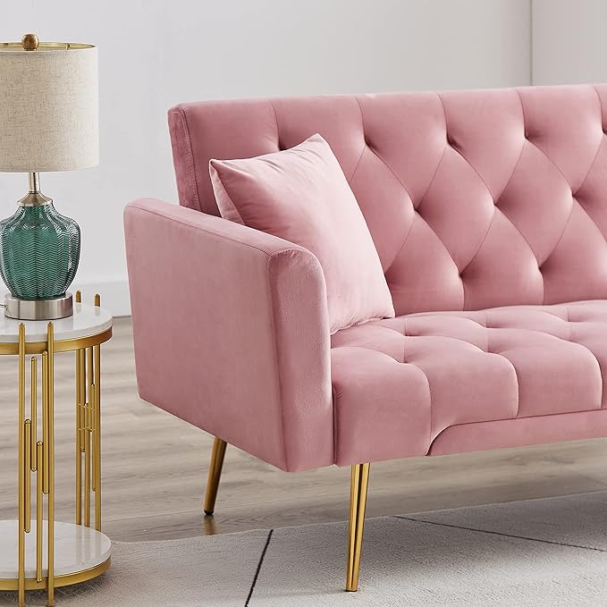 Convertible Folding Futon Sofa Bed Sleeper Lounge Couch,Small Velvet Upholstered Recliner Loveseat Daybed with Adjustable Backrest and Golden Metal Legs Space-Saving Sofabed for Living Room Office - LeafyLoom