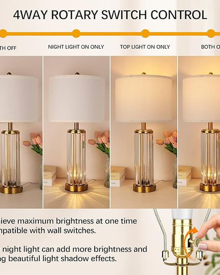 QiMH Gold Table Lamps for Bedroom Set of 2 with Nightlight, Modern Bedside Lamp with 2 USB Charging Port, Clear Nightstand Lamp for Living Room White Shade Home Light Decor(LED Bulbs Included) - LeafyLoom