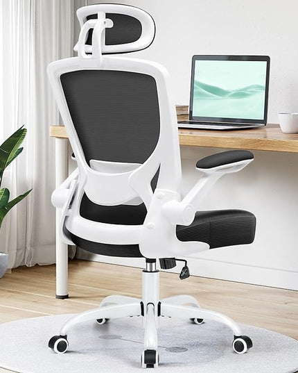 KERDOM Ergonomic Office Chair, Breathable Mesh Desk Chair, Lumbar Support Computer Chair with Headrest and Flip-up Arms, Swivel Task Chair, Adjustable Height Gaming Chair, White - LeafyLoom