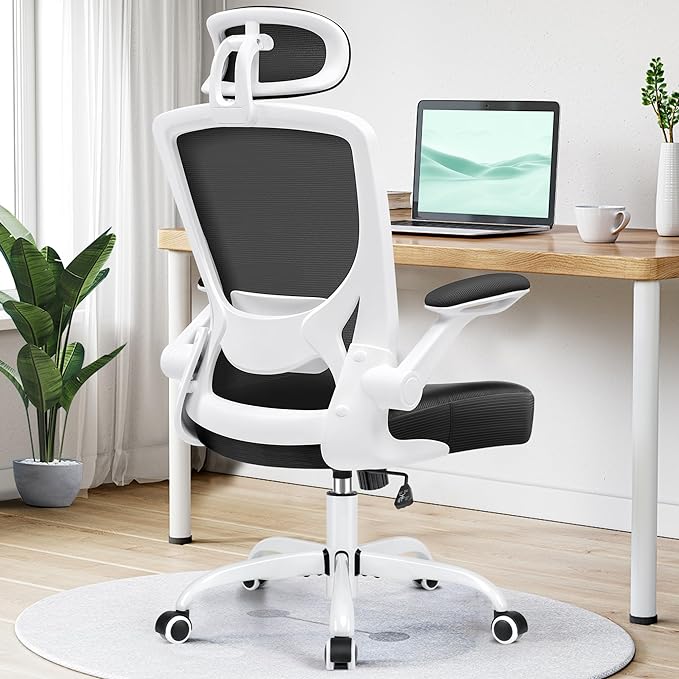 KERDOM Ergonomic Office Chair, Breathable Mesh Desk Chair, Lumbar Support Computer Chair with Headrest and Flip-up Arms, Swivel Task Chair, Adjustable Height Gaming Chair, White - LeafyLoom