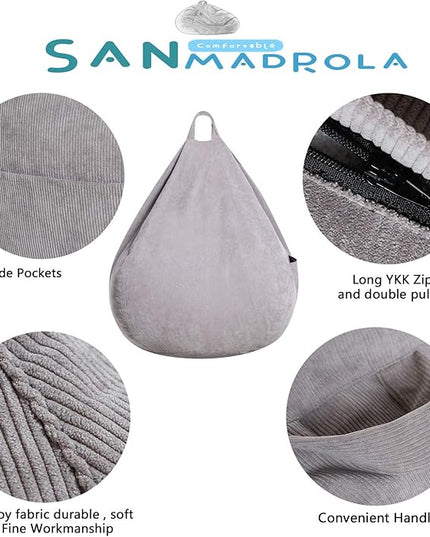 Stuffed Animal Storage Bean Bag Chair Cover (No Filler) for Kids and Adults.Soft Premium Corduroy Stuffable Beanbag for Organizing Children Plush Toys or Memory Foam Extra Large 300L (Grey) - LeafyLoom