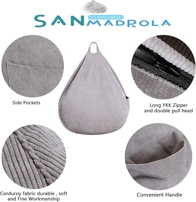 Stuffed Animal Storage Bean Bag Chair Cover (No Filler) for Kids and Adults.Soft Premium Corduroy Stuffable Beanbag for Organizing Children Plush Toys or Memory Foam Extra Large 300L (Grey) - LeafyLoom