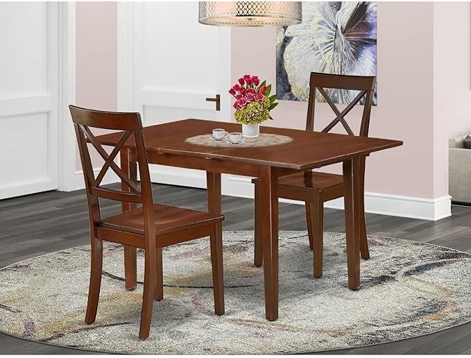 East West Furniture Picasso 3 Piece Kitchen Set Contains a Rectangle Table with Butterfly Leaf and 2 Dining Room Chairs, 32x60 Inch, Mahogany - LeafyLoom