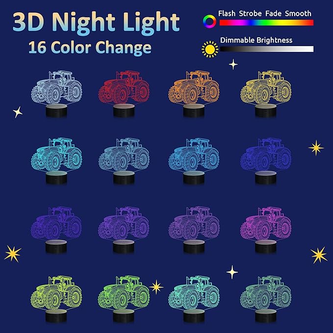 Attivolife Tractor 3D Illusion Night Lamp, 16 Color Changing Dimmable Hologram Lighting, Timer Toy USB Charge Table Desk Bedroom Decoration Creative Gift for Kid Boy with Remote Control - LeafyLoom