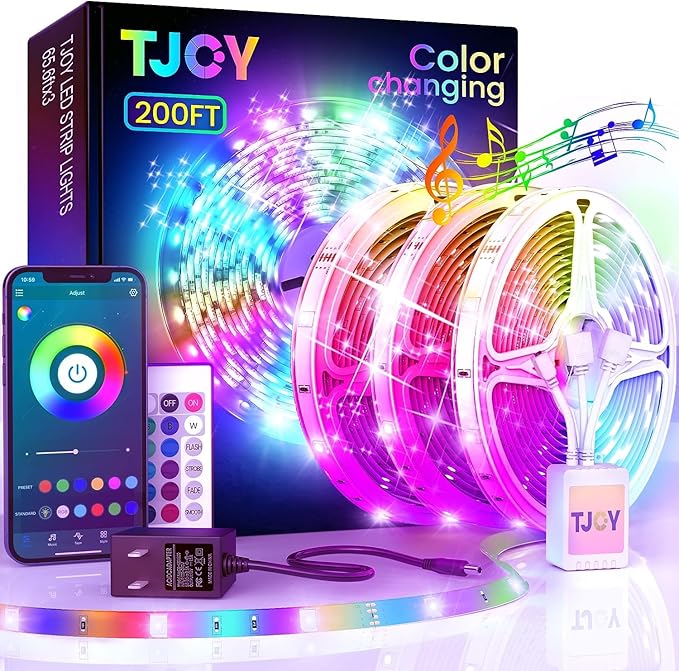 TJOY 200ft Long LED Strip Lights, Bluetooth Led Lights for Bedroom, Color Changing RGB Lighting with APP and Remote Control, Rope Lighting Indoor for Ceiling, Living Room Decor/65.6ft*3 TJOY