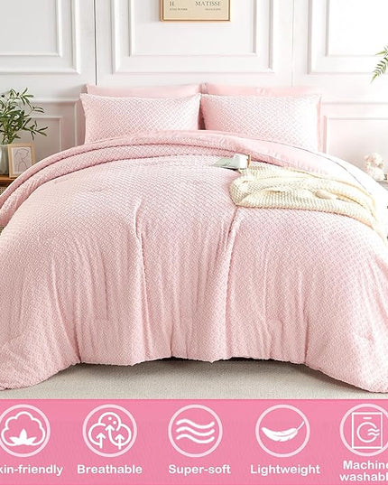 Queen Size Tufted Kids Comforter Set 7 Piece Pink Jacquard Tufts Embroidery Bedding Set for Boys Girls Bed in A Bag Quilt with 1 Comforter, 1 Flat Sheet, 1 Fitted Sheet, 2 Pillowcase and 2 Pillow Sham - LeafyLoom