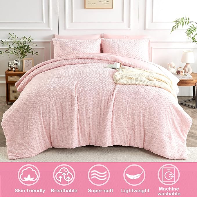 Queen Size Tufted Kids Comforter Set 7 Piece Pink Jacquard Tufts Embroidery Bedding Set for Boys Girls Bed in A Bag Quilt with 1 Comforter, 1 Flat Sheet, 1 Fitted Sheet, 2 Pillowcase and 2 Pillow Sham - LeafyLoom