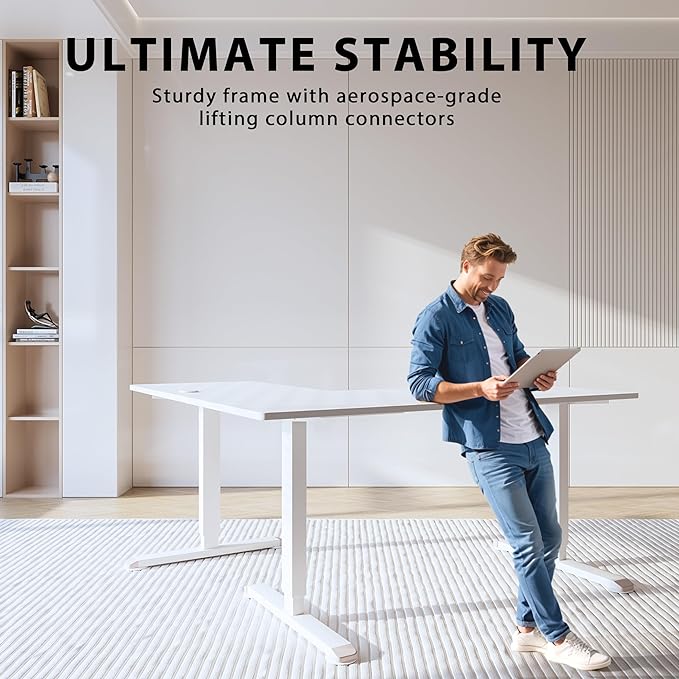 L-Shaped Electric Standing Desk, 63 x 55 Inches Height Adjustable Coner Table, Home Office Computer Workstation, White, 63 x 55 Inch - LeafyLoom
