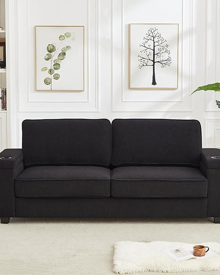 Modern Living Room Upholstered 3 Seater Sofa Couch Deep Seat Soft Corduroy Sofa&Couch with Storage Armrests, 2 Cupholders, Type-C and USB Charging Ports for Home, Apartment, Office - LeafyLoom
