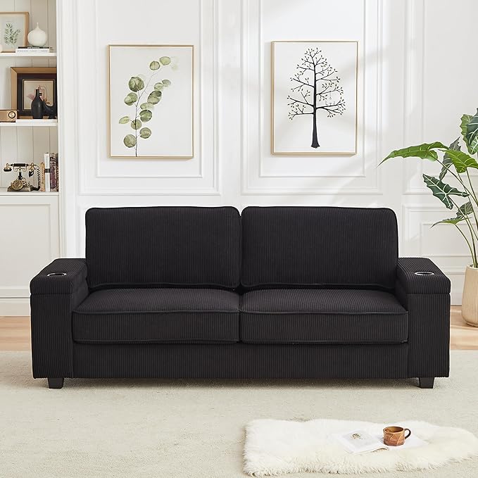 Modern Living Room Upholstered 3 Seater Sofa Couch Deep Seat Soft Corduroy Sofa&Couch with Storage Armrests, 2 Cupholders, Type-C and USB Charging Ports for Home, Apartment, Office - LeafyLoom