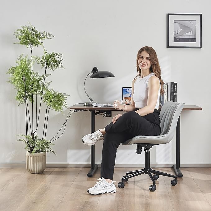 YOUTASTE Office Chair Modern Armless Desk Chair, Height Adjustable Swivel Rocking Computer Task Chair, Faux Leather Sewing Chair with Wheels, Stylish Lounge Vanity Chair,Grey - LeafyLoom