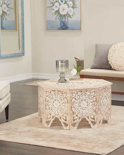 Deco 79 Wood Floral Handmade Living Room Coffee Table Intricately Carved Table with Arched Cutouts and Brown Distressing, Center Table 33" x 33" x 18", Cream - LeafyLoom