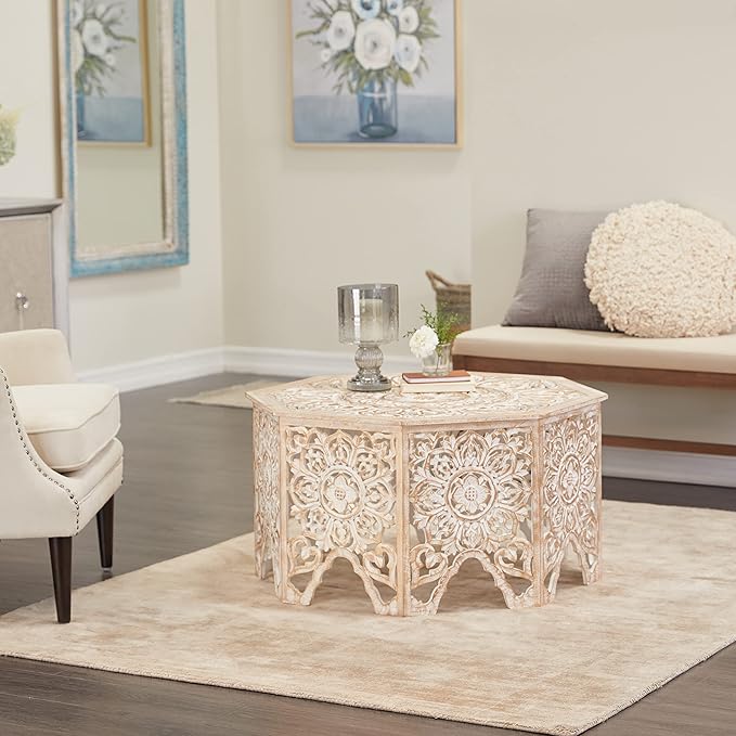Deco 79 Wood Floral Handmade Living Room Coffee Table Intricately Carved Table with Arched Cutouts and Brown Distressing, Center Table 33" x 33" x 18", Cream - LeafyLoom