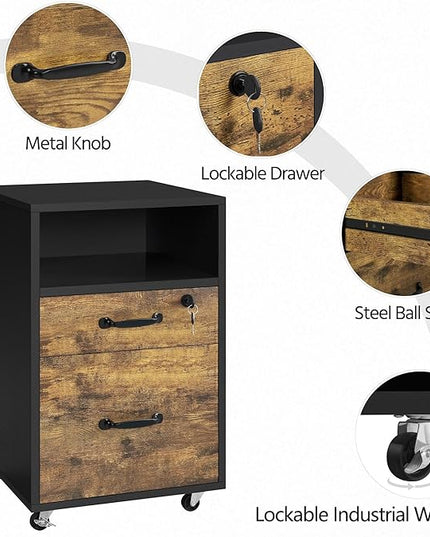 Yaheetech File Cabinet, Under Desk Vertical Cabinet With 2 Drawers and Open Compartment, Printer Stand with Lockable Wheels for A4 Letter Size Hangable File Folders for Home Office(Black/Rustic Brown) - LeafyLoom