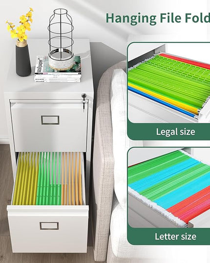 2 Drawer File Cabinet,Metal Vertical File Cabinets with Lock for Home Office,Heavy Duty Office Steel Filing Cabinet for Hanging Letters/Legal/A4, Assembly Required (White) - LeafyLoom