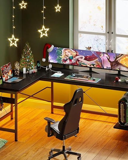 Coleshome 66" L Shaped Gaming Desk with Outlet, L Shaped Desk with CPU Stand, Corner Computer Desk, Home Office Desk, Writing Desk, Black - LeafyLoom
