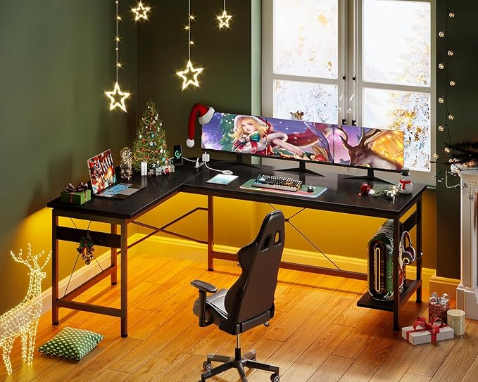 Coleshome 66" L Shaped Gaming Desk with Outlet, L Shaped Desk with CPU Stand, Corner Computer Desk, Home Office Desk, Writing Desk, Black - LeafyLoom
