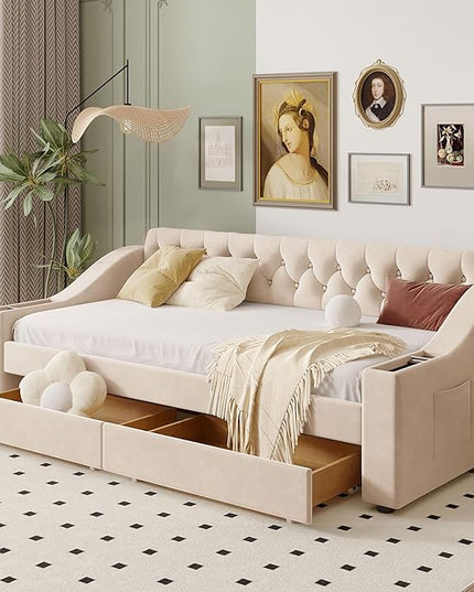 Twin Size Daybed with Storage Armrests & 2 Drawers,Upholstered Sofa Bed W/USB Ports & Button Tufted Backrest,No Box Spring Needed,Multi-Function Bedframe for Living Room Bedroom,Beige Velvet - LeafyLoom
