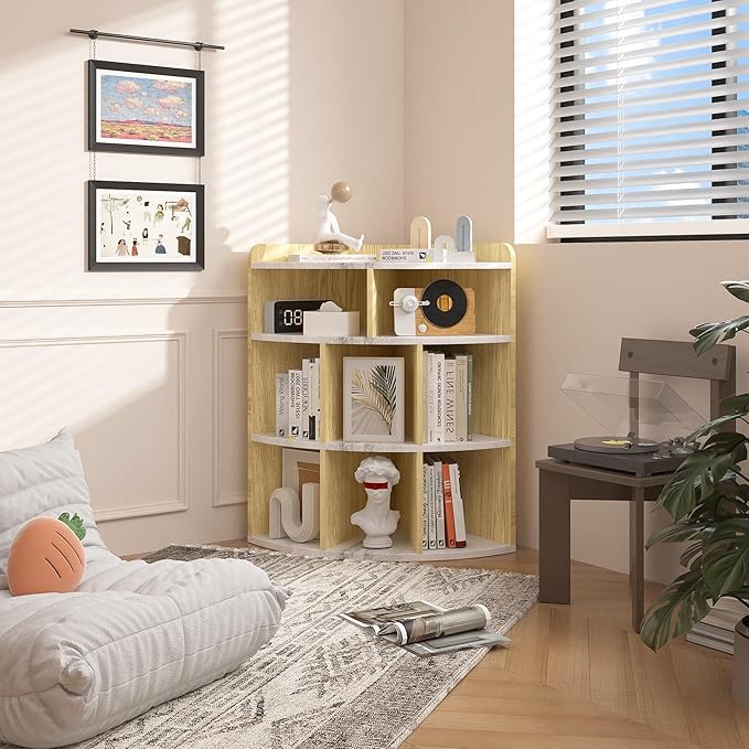 Vecelo 3-Tier Corner Cabinet with 8 Cubbies, Wooden Cube Storage Organizer, Modern Bookshelf Units for Playroom, Bedroom, Living Room, Marble White - LeafyLoom