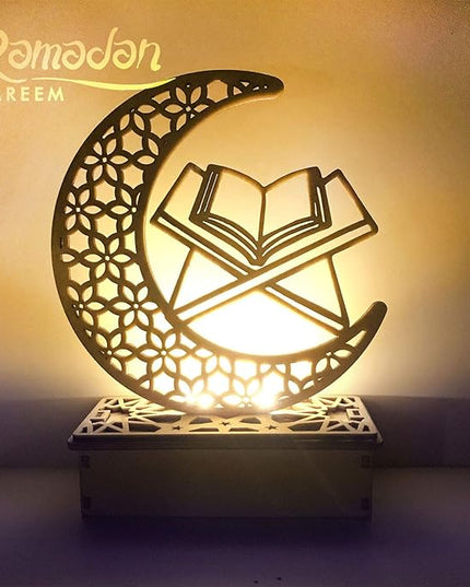 Wooden Eid Crafts Night Light Islamic Palace LED Moon Tabletop Lights Decor Eid Mubarak DIY Muslim Lighting 3D Ramadan Mubarak Lamp Decorations for Home Party Supplies (7.48*5.9*2.36inch, B) - LeafyLoom