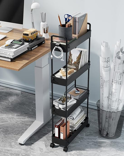 SOLEJAZZ Slim Storage Cart, 4 Tier Bathroom Organizer Mobile Shelving Unit, Rolling Utility Cart Slide Out Organizer for Kitchen, Bathroom, Laundry, Narrow Places, Black - LeafyLoom
