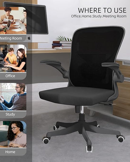 Office Chair, Ergonomic Office Chair Desk Chair with Lumbar Support & 2D Flip-up Arms Height Adjustable Home Office Desk Chairs Rockable High Back Computer Chair Black Mesh Study Chair - LeafyLoom