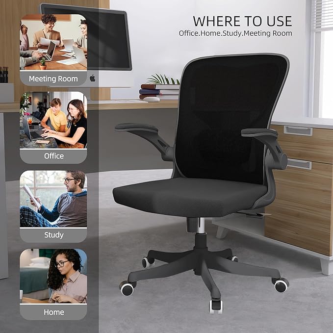 Office Chair, Ergonomic Office Chair Desk Chair with Lumbar Support & 2D Flip-up Arms Height Adjustable Home Office Desk Chairs Rockable High Back Computer Chair Black Mesh Study Chair - LeafyLoom