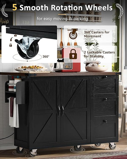 54.5" Farmhouse Island with Power Outlet & Drop Leaf, Rolling Kitchen Cart on Wheels w/Internal Storage, Spice, Towel Rack and Drawers, for Home, Dining Room, Black, 54.5 Inch - LeafyLoom