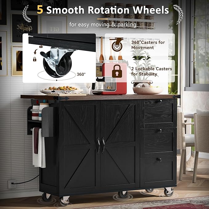 54.5" Farmhouse Island with Power Outlet & Drop Leaf, Rolling Kitchen Cart on Wheels w/Internal Storage, Spice, Towel Rack and Drawers, for Home, Dining Room, Black, 54.5 Inch - LeafyLoom