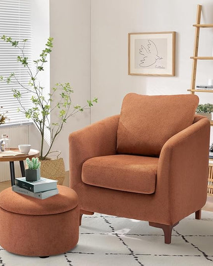 COLAMY Velvet Accent Chair with Storage Ottoman Set, Upholstered Barrel Arm Chair with Footrest, Living Room Chair with Back Pillow, Light Brown - LeafyLoom