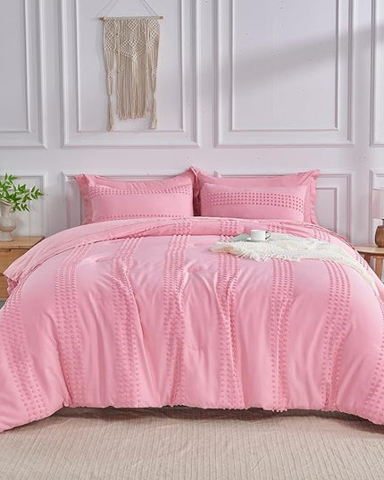 ENJOHOS Girls Twin Bedding Set Pink Twin XL Comforter, 3 PCS Boho Comforter with Tufted Dots, Shabby Chic Bedding Comforter for All Season, Lightweight Fluffy Microfiber Comforter with 2 Pillowcases - LeafyLoom