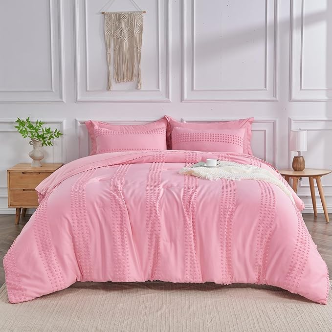 ENJOHOS Girls Twin Bedding Set Pink Twin XL Comforter, 3 PCS Boho Comforter with Tufted Dots, Shabby Chic Bedding Comforter for All Season, Lightweight Fluffy Microfiber Comforter with 2 Pillowcases - LeafyLoom