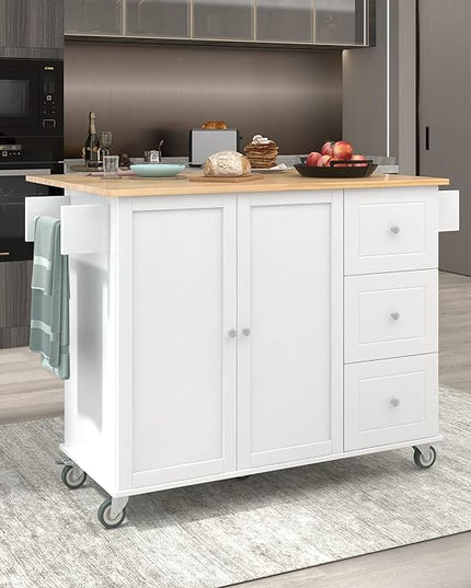 52.7 Cart with Wood Top and Drop Leaf Breakfast Bar, Rolling Mobile Island Towel Rack,Large Storage Cabinet Kitchen Table for Dinning Room, White, 52.76 Inch - LeafyLoom