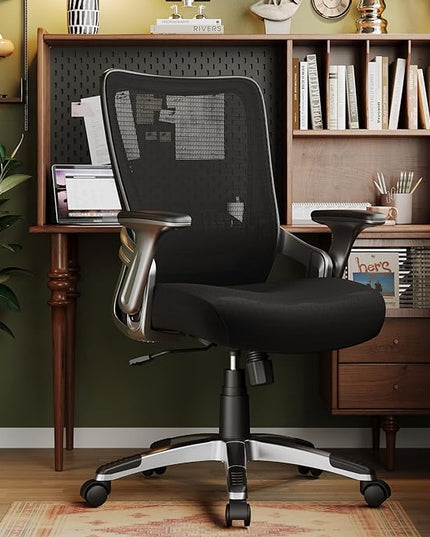 Ergonomic Office Desk Chair, Mesh Computer Gaming Chair with Adjustable Flip-Up Arms, Lumbar Support, Tilt Function, Comfy Wide Seat, Swivel Wheel, Sturdy Big and Tall Task Chairs for Adults Students - LeafyLoom