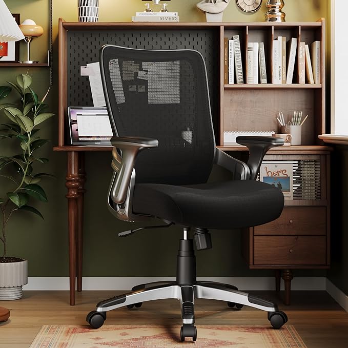 Ergonomic Office Desk Chair, Mesh Computer Gaming Chair with Adjustable Flip-Up Arms, Lumbar Support, Tilt Function, Comfy Wide Seat, Swivel Wheel, Sturdy Big and Tall Task Chairs for Adults Students - LeafyLoom