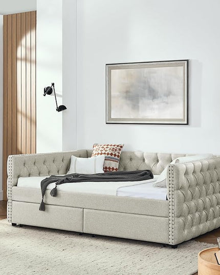 Full Size Upholstered Daybed, Pull Out with Two Storage Drawers, Solid Wood Frame Bed, Tufted Buttons and Copper Nails On Square Arms, for Bedrooms,Apartments - LeafyLoom