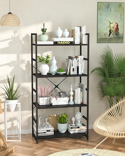 NUMENN 4 Tier Bookshelf, Tall Bookcase Shelf Storage Organizer, Modern Book Shelf for Bedroom, Living Room and Home Office, Black - LeafyLoom