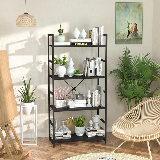NUMENN 4 Tier Bookshelf, Tall Bookcase Shelf Storage Organizer, Modern Book Shelf for Bedroom, Living Room and Home Office, Black - LeafyLoom