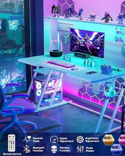 55'' White Gaming Desk with Hutch and LED Lights, Gaming Computer Desk with Storage Shelves & Z-Shaped Legs, Reversible PC Gaming Desk with Pegboard, Ergonomic Desk for Bedroom, Carbon Fiber Surface - LeafyLoom