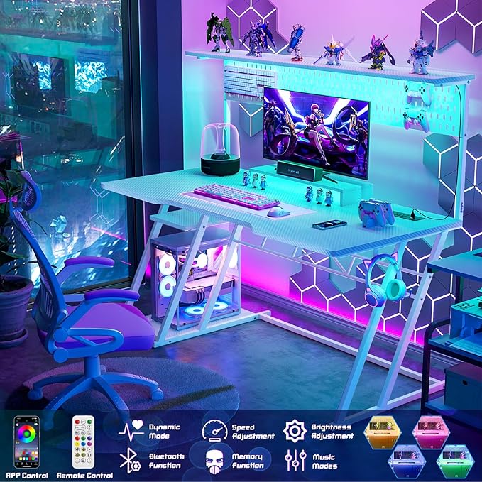 55'' White Gaming Desk with Hutch and LED Lights, Gaming Computer Desk with Storage Shelves & Z-Shaped Legs, Reversible PC Gaming Desk with Pegboard, Ergonomic Desk for Bedroom, Carbon Fiber Surface - LeafyLoom