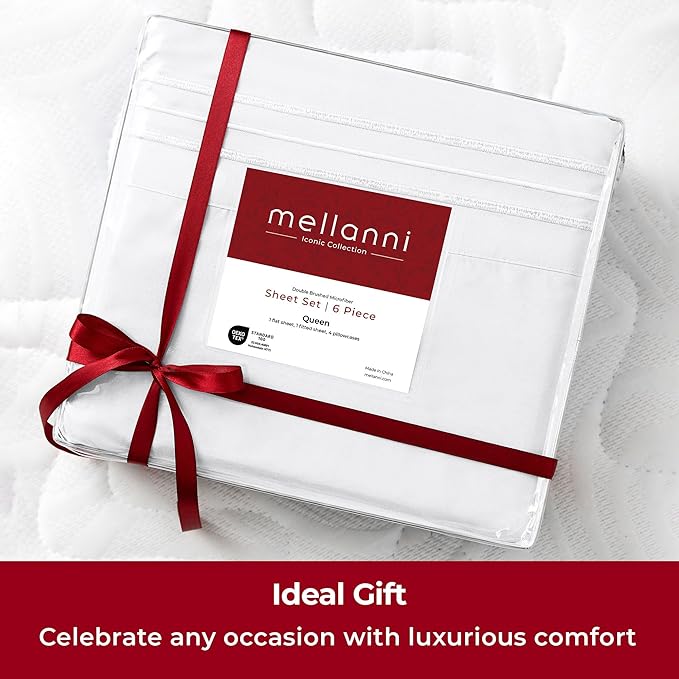 Mellanni Queen Sheets Set - 6 PC Iconic Collection Bedding Sheets & Pillowcases - Hotel Luxury, Ultra Soft, Cooling Bed Sheets - Deep Pocket up to 16 inch - 6 PC (Queen, White w/Extra Pillow Cases) - LeafyLoom
