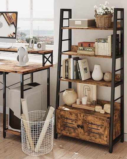 IRONCK Bookshelf with Louvered Doors, 3-Tier Ladder Shelf with Cabinet Industrial Accent Furniture for Bedroom Living Room Home Office, Rustic Brown - LeafyLoom