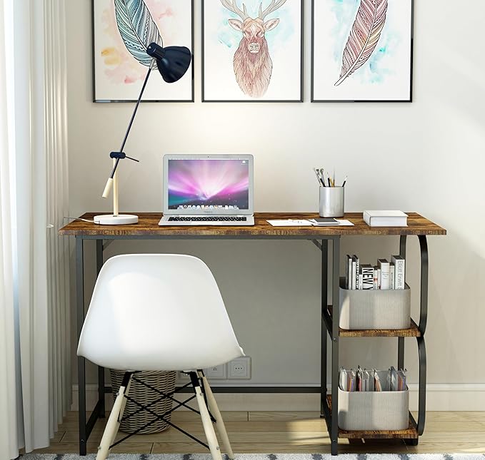 Newest Simple Open Shelf for Bedroom Living Room, 47.2Inch Home Office Computer Desk with Storage Shelves, Study Writing Table for Small Spaces, Caramel Wood Grain - LeafyLoom