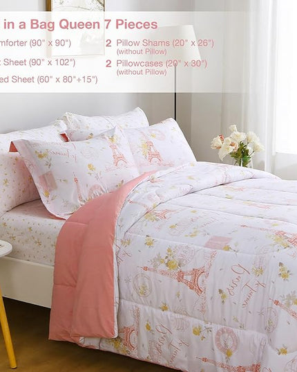 Printed Queen Bedding Sets with Comforter and Sheets, 7 Piece Bed in A Bag Comforter Set with Fluffy Microfiber, Romantic Paris City Floral Pink Retro Eiffel Tower Pattern - LeafyLoom