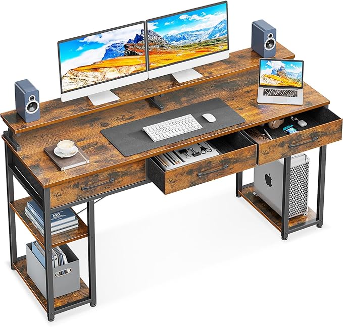 ODK Computer Desk with Drawers and Storage Shelves, 63 inch Home Office desk with Monitor Stand, Modern Work Study writing table Desk for Small Spaces, Vintage - LeafyLoom