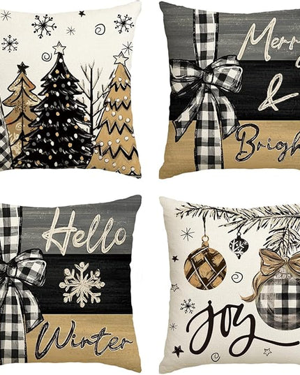 AVOIN colorlife Merry Christmas Joy Xmas Trees Brown Throw Pillow Covers, 18 x 18 Inch Christmas Winter Holiday Cushion Case Decoration for Sofa Couch Set of 4 AVOINcolorlife