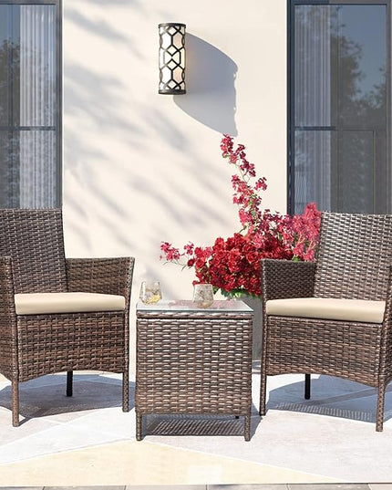 Greesum 3 Pieces Patio Furniture Sets Outdoor PE Rattan Wicker Chairs with Soft Cushion and Glass Coffee Table for Garden Backyard Porch Poolside, Brown and Beige - LeafyLoom